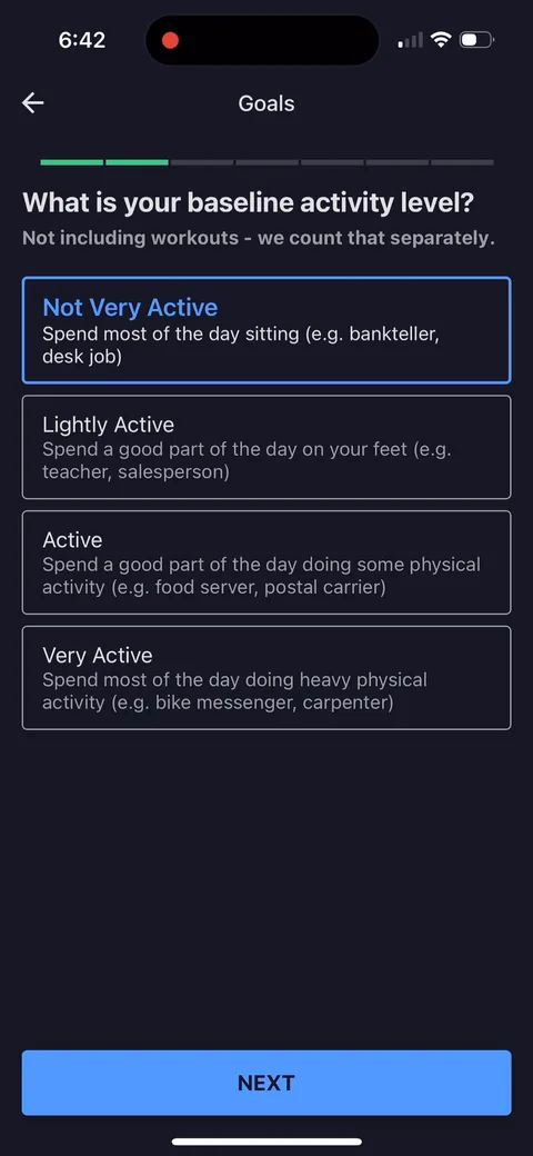 Myfitnesspal onboarding screen 15: Activity level with concrete examples ('bank teller, desk job', 'teacher, salesperson')
