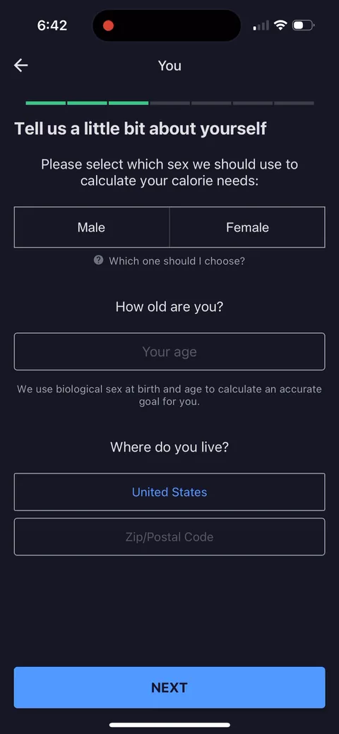 Myfitnesspal onboarding screen 17: Sex, age and location on one screen with 'we use biological sex at birth and age to calculate an accurate…