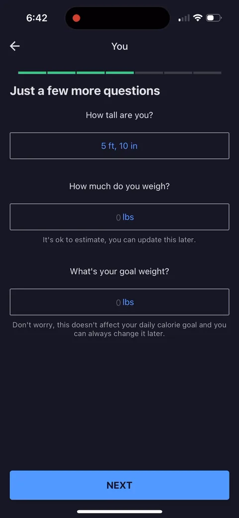 Myfitnesspal onboarding screen 24: Height, weight and goal weight with 'it's ok to estimate, you can update this later.' Lowering the stakes on…