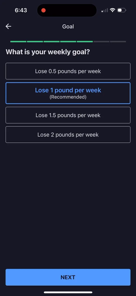 Myfitnesspal onboarding screen 30: Weekly goal with 'Lose 1 pound per week' marked recommended