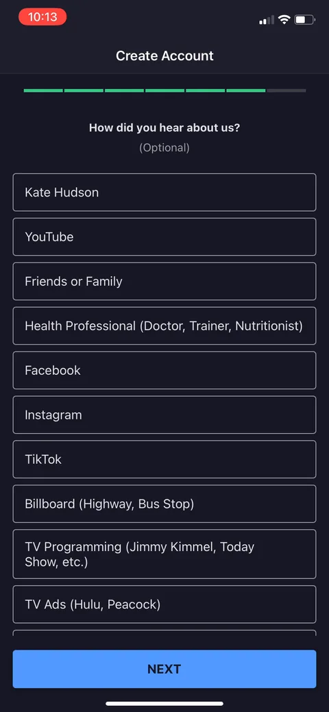 Myfitnesspal onboarding screen 32: 'How did you hear about us' as a self-reported attribution question, with options like 'Kate Hudson,'…