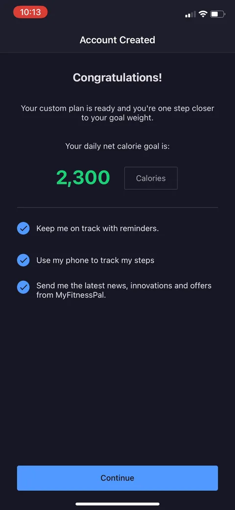 Myfitnesspal onboarding screen 35: The payoff: 'Your custom plan is ready' with a concrete daily net calorie goal of 2,300