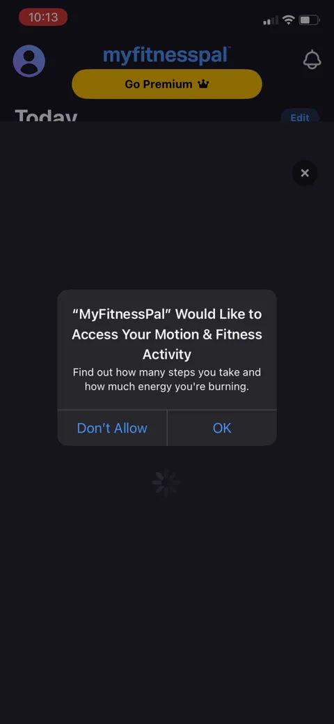 Myfitnesspal onboarding screen 36: Motion and fitness permission fires right at the handoff into the paywall