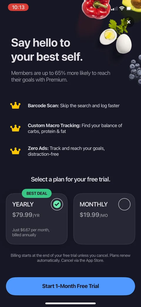 Myfitnesspal paywall with pricing, onboarding screen 38