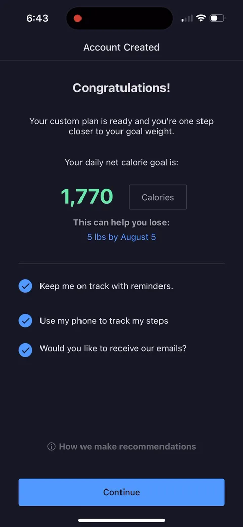 Myfitnesspal onboarding screen 47: The payoff: 'Your custom plan is ready' with a daily net calorie goal of 1,770 and 'This can help you lose 5…