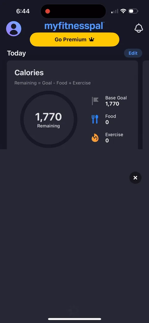 Myfitnesspal onboarding screen 48: The dashboard with your 1,770 goal loads first, then the paywall slides up over it