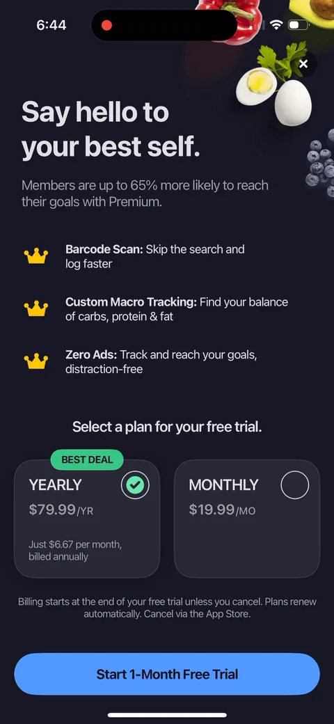 Myfitnesspal paywall with pricing, onboarding screen 49