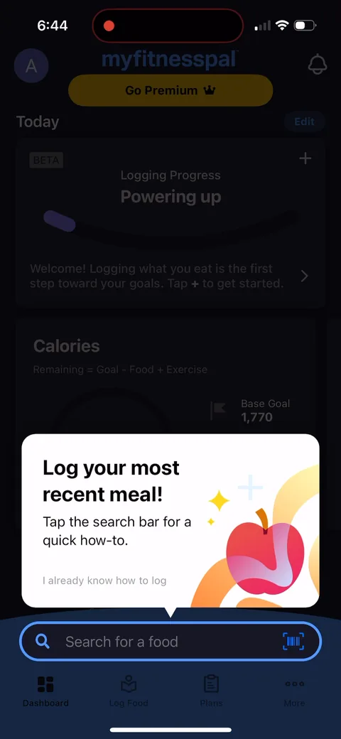 Myfitnesspal onboarding screen 51: 'Log your most recent meal