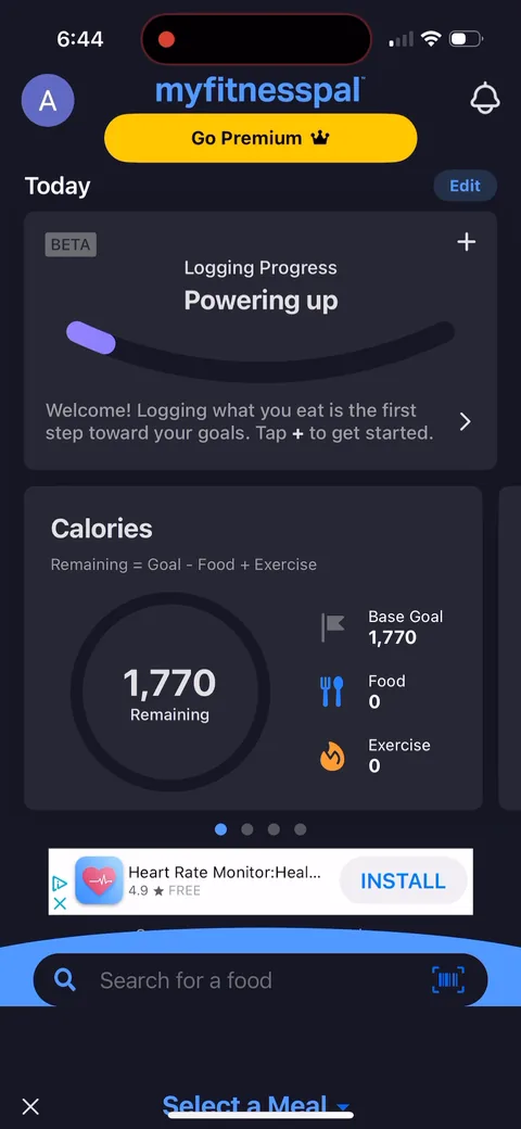 Myfitnesspal onboarding screen 52: 'Logging Progress: Powering up' marked Beta, with 'Tap + to get started.' A progress meter at zero gives new…