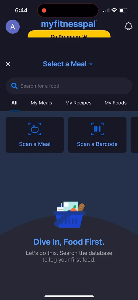 Myfitnesspal onboarding screen 53: 'Dive In, Food First