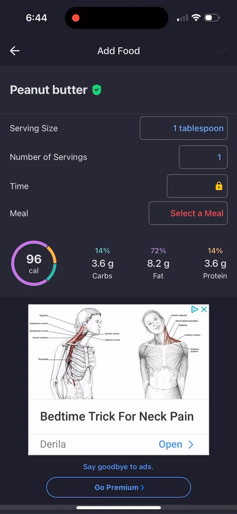 Myfitnesspal onboarding screen 56: Free tier runs display ads, with 'Say goodbye to ads
