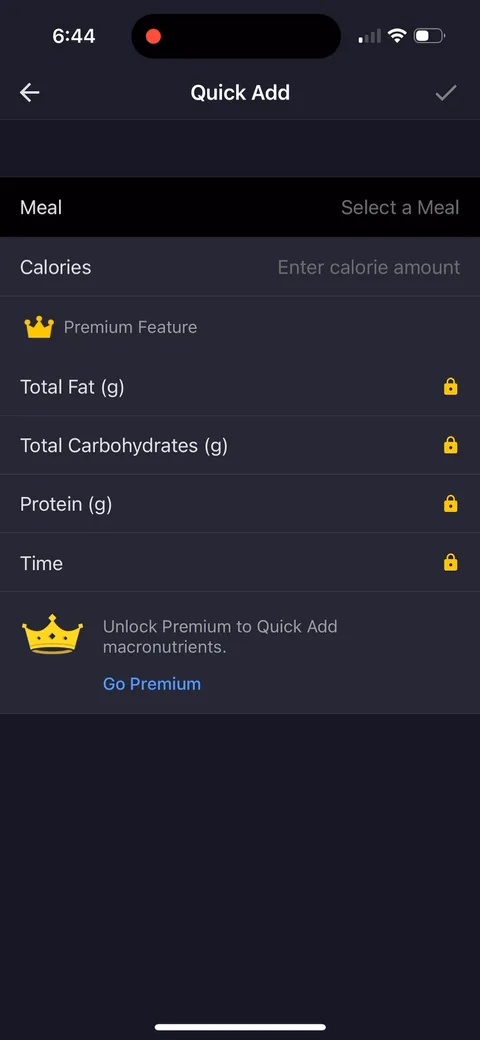 Myfitnesspal onboarding screen 66: Quick Add lets you enter calories free, but fat, carbs, protein and time are locked with 'Unlock Premium to…