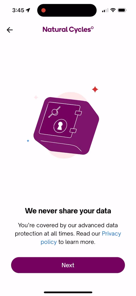 Natural Cycles onboarding screen 4: 'We never share your data' before a single question