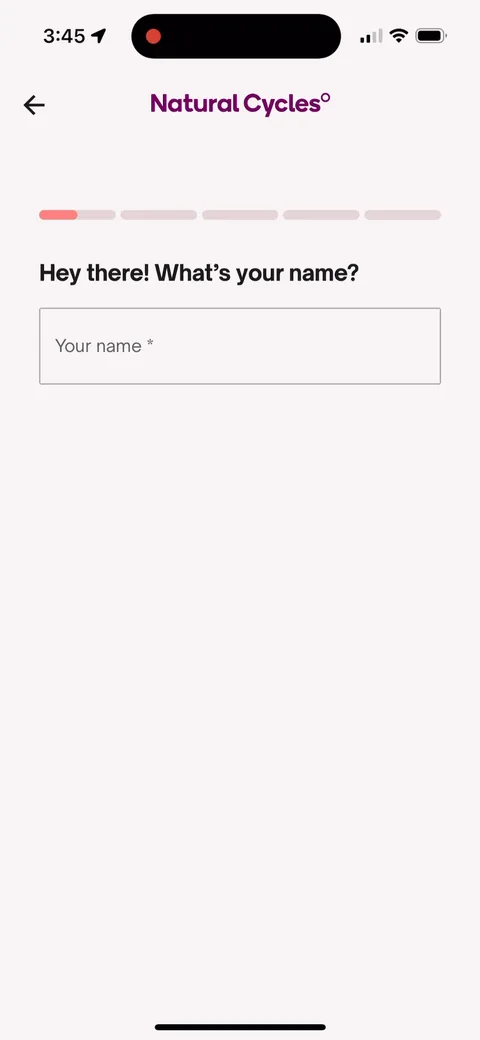 Natural Cycles onboarding screen 6: Asking your name first is cheap and pays off all flow: they come back with 'Nice to meet you', 'Thanks for…