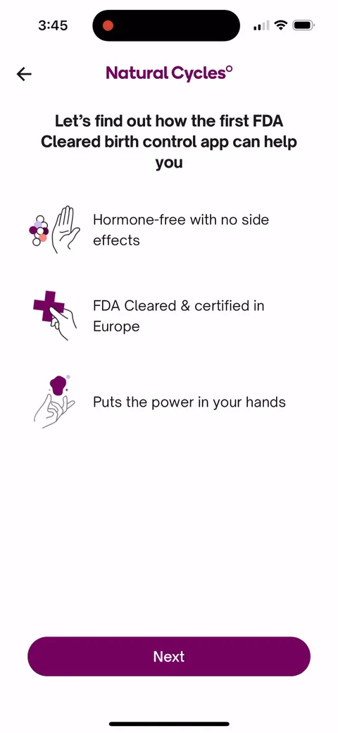 Natural Cycles onboarding screen 11: Three benefits before the quiz: 'Hormone-free with no side effects', 'FDA Cleared & certified in Europe'…