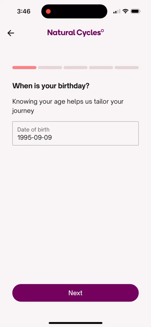 Natural Cycles onboarding screen 13: 'Knowing your age helps us tailor your journey.' Giving a reason for every question lowers the ick of handing…