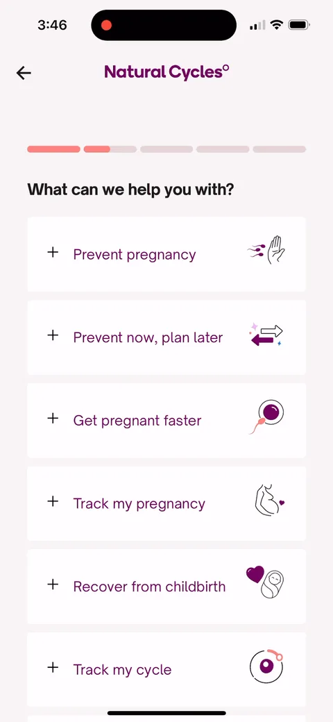 Natural Cycles onboarding screen 14: Goal question with very different jobs: 'Prevent pregnancy', 'Get pregnant faster', 'Track my pregnancy'…