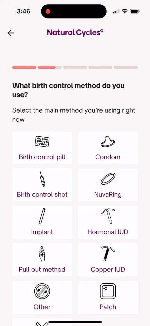 Natural Cycles onboarding screen 17: Asking what birth control you use now sets up a direct comparison on the next screen