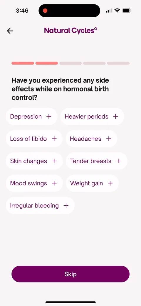 Natural Cycles onboarding screen 22: Side effects as a multi-select: 'Depression', 'Loss of libido', 'Weight gain', 'Mood swings'