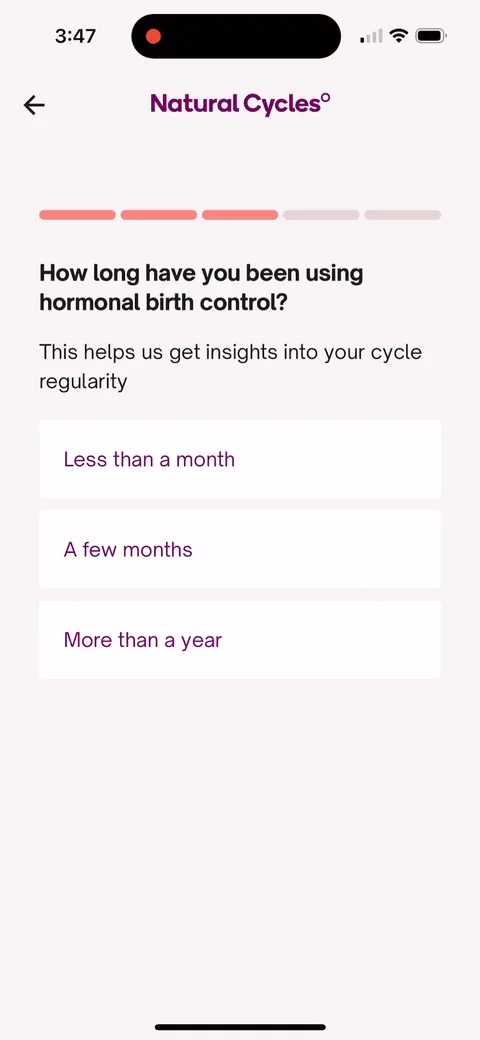 Natural Cycles onboarding screen 27: 'This helps us get insights into your cycle regularity.' Another reason attached to the question