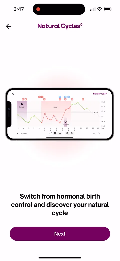 Natural Cycles onboarding screen 28: Real app UI with the temperature chart and fertile window