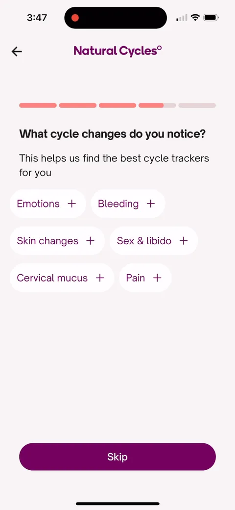 Natural Cycles onboarding screen 30: Cycle changes as tags you tap: 'Emotions', 'Bleeding', 'Skin changes', 'Sex & libido'