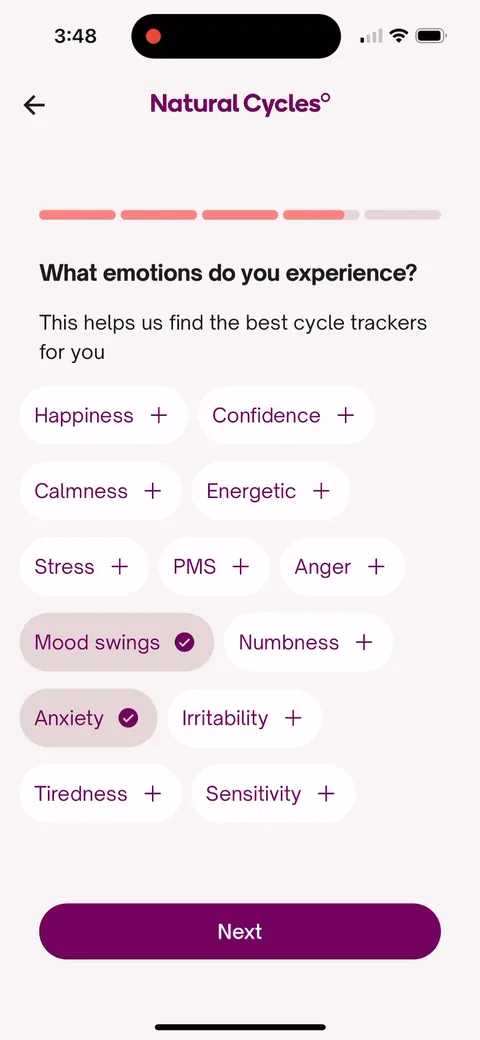 Natural Cycles onboarding screen 32: Branching follow-up: pick 'Emotions' and you get a second screen of feelings to tag