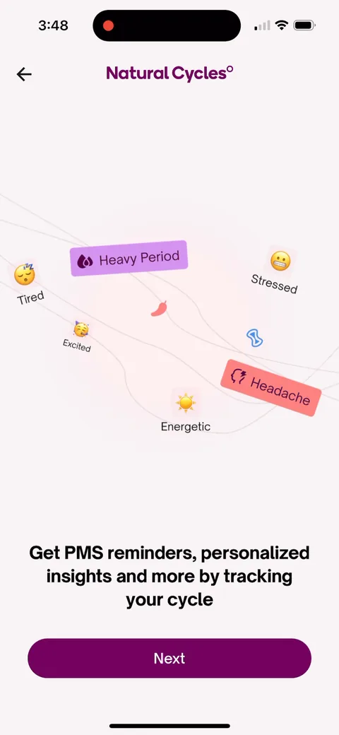 Natural Cycles onboarding screen 33: 'Get PMS reminders, personalized insights and more by tracking your cycle.' They echo the symptoms you just…