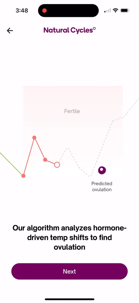 Natural Cycles onboarding screen 35: 'Our algorithm analyzes hormone-driven temp shifts to find ovulation.' A simple animated chart explains how…