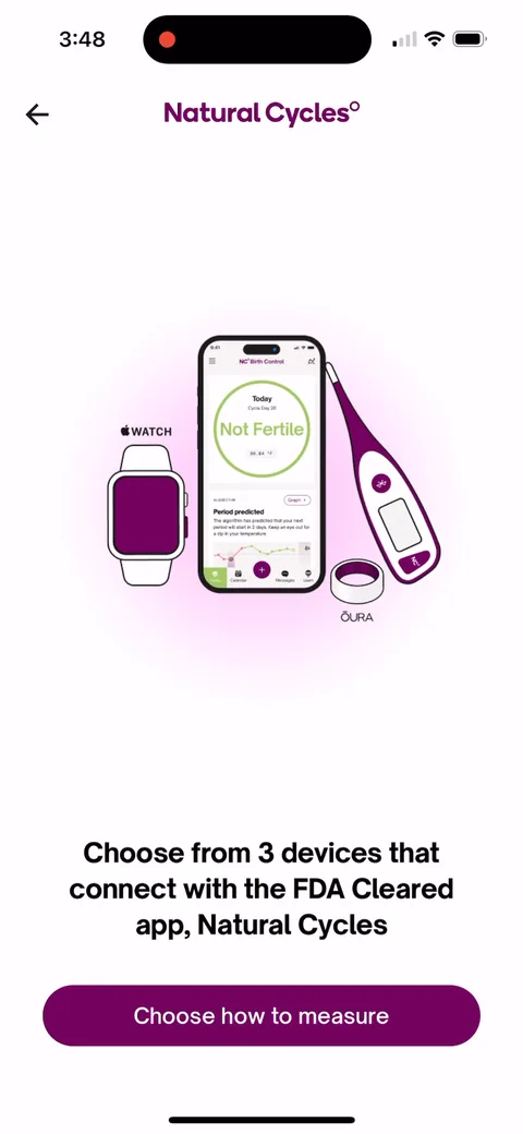 Natural Cycles onboarding screen 37: Apple Watch, Oura and their thermometer on one screen