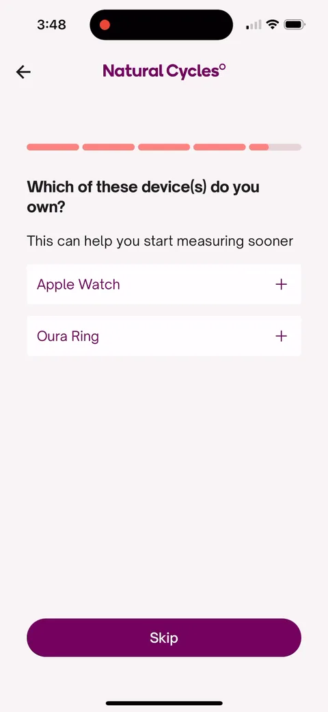 Natural Cycles onboarding screen 39: 'This can help you start measuring sooner.' Framing the device question around speed to value