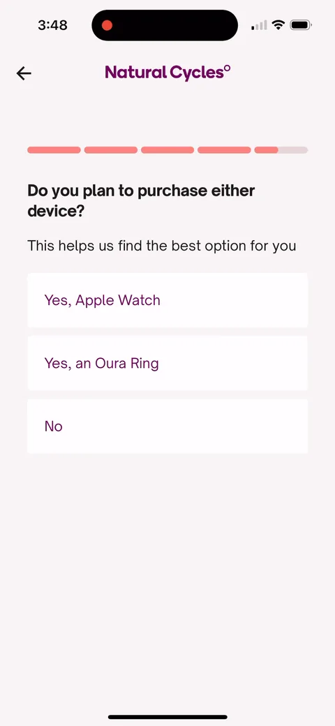 Natural Cycles onboarding screen 40: 'Do you plan to purchase either device?' Probes purchase intent, likely to decide whether to push the free…