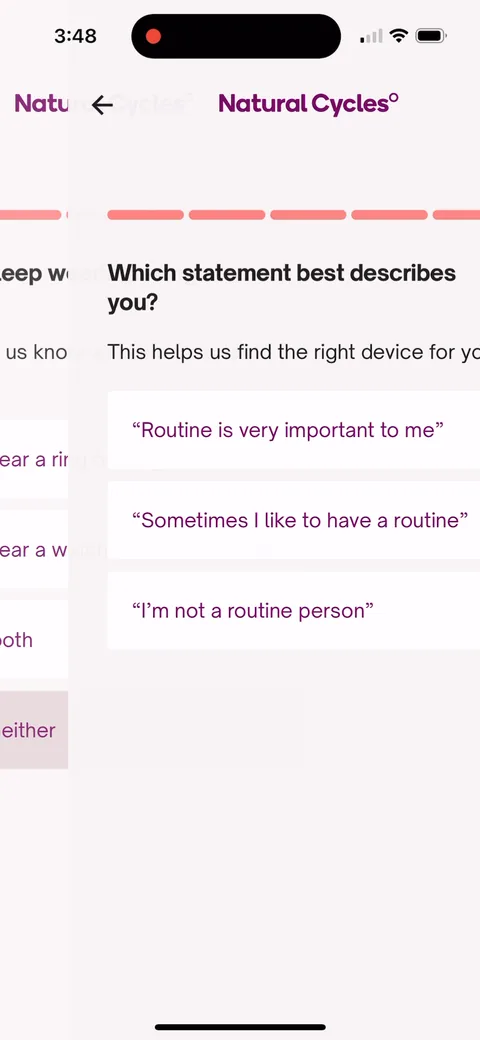 Natural Cycles onboarding screen 41: 'Routine is very important to me' vs 'I'm not a routine person.' A personality question that's really a…