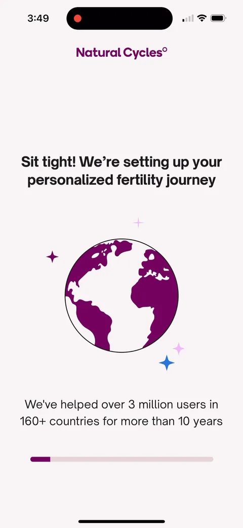 Natural Cycles onboarding screen 43: Loading screen with rotating proof: '3 million users in 160+ countries for more than 10 years.' Using the…