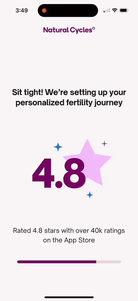 Natural Cycles onboarding screen 45: 'Rated 4.8 stars with over 40k ratings on the App Store.' Third proof point on the loader