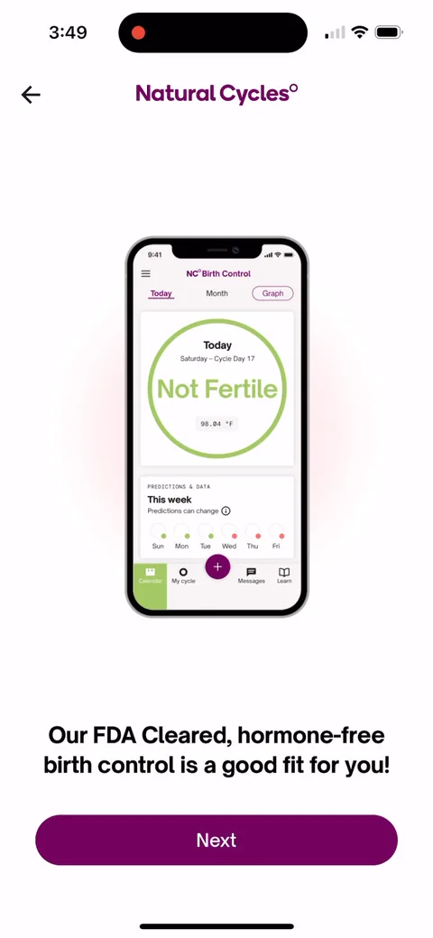 Natural Cycles onboarding screen 47: The result: 'Our FDA Cleared, hormone-free birth control is a good fit for you!' Not much of a reveal after a…
