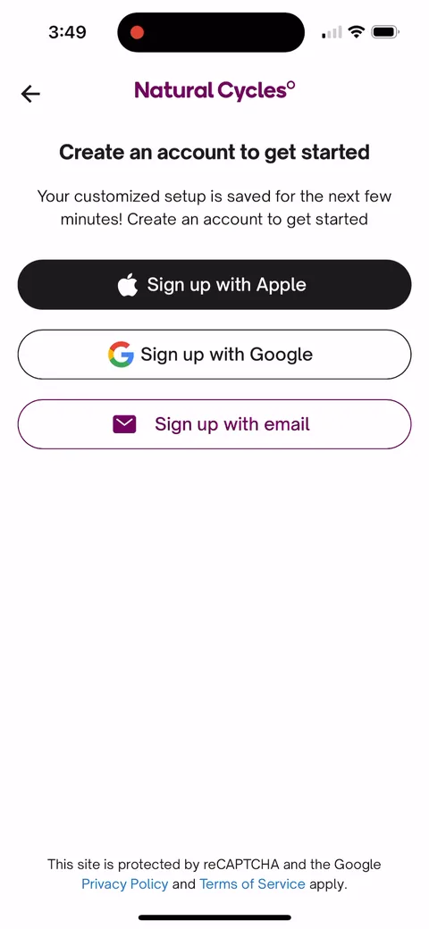 Natural Cycles onboarding screen 49: Account creation after the quiz with 'Your customized setup is saved for the next few minutes!' Mild loss…