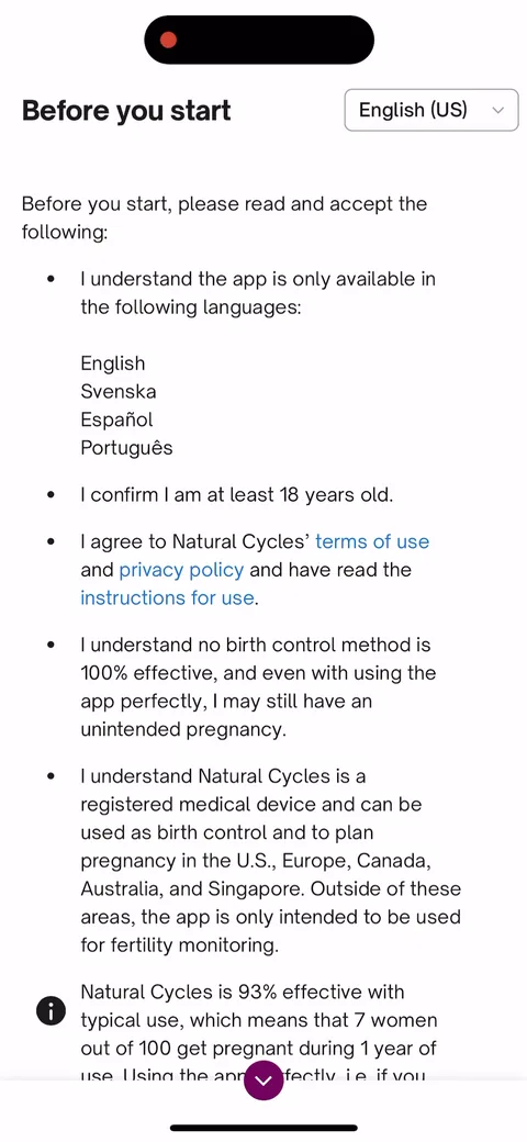 Natural Cycles onboarding screen 61: 'Before you start' consent wall: 18+ confirmation, 'no birth control method is 100% effective', not…