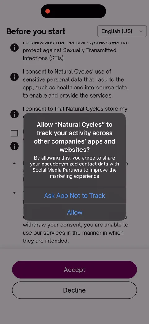 Natural Cycles onboarding screen 64: ATT prompt stacked right on top of the medical consent