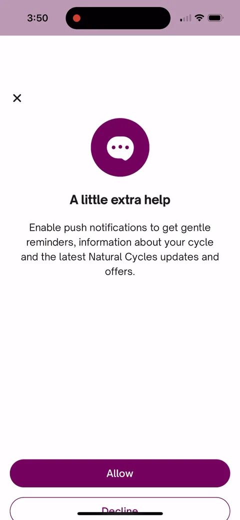Natural Cycles onboarding screen 67: 'A little extra help.' Notification ask framed as gentle reminders and cycle info