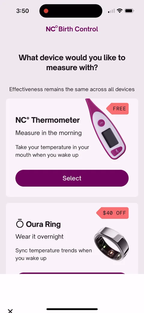 Natural Cycles onboarding screen 70: Device picker before pricing: thermometer tagged 'FREE', Oura '$40 OFF', Apple Watch