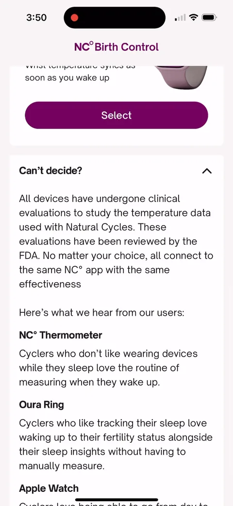 Natural Cycles onboarding screen 74: 'Can't decide?' expander with user quotes per device: 'Cyclers who don't like wearing devices while they…