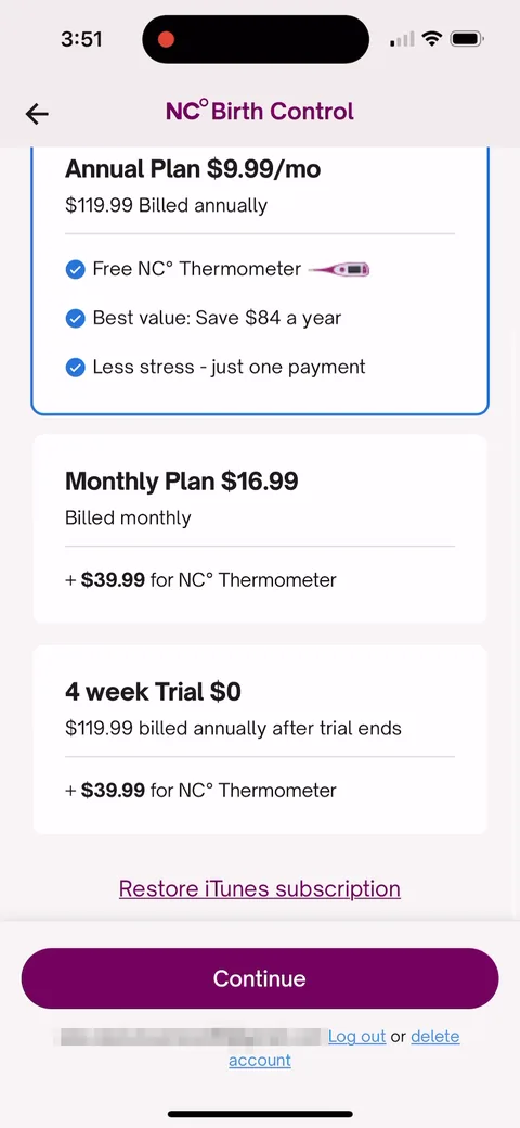 Natural Cycles paywall with pricing, onboarding screen 81