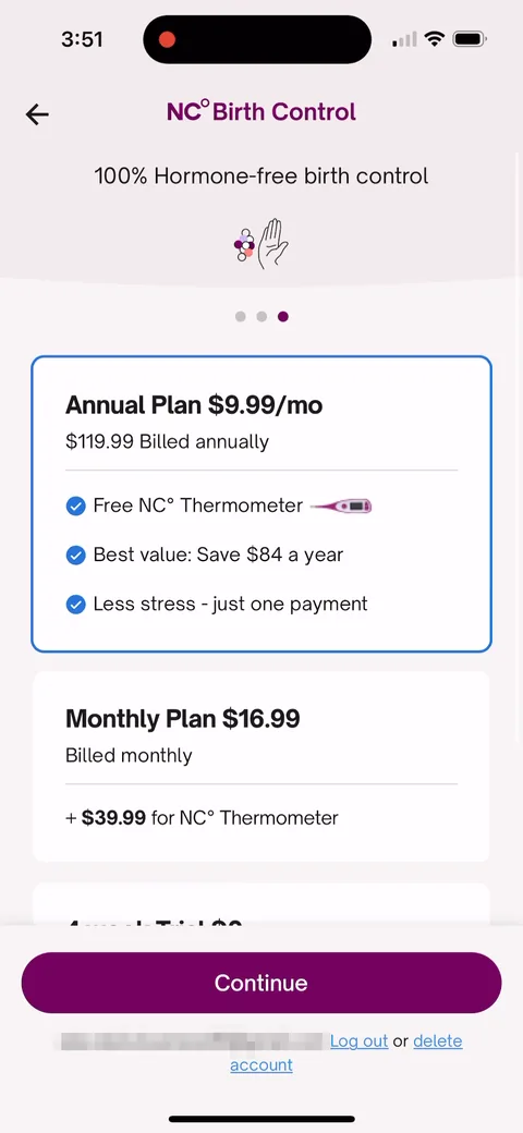 Natural Cycles onboarding screen 83: Paywall header carousel rotates 'FDA Cleared + CE Marked' and '100% Hormone-free birth control' above the…