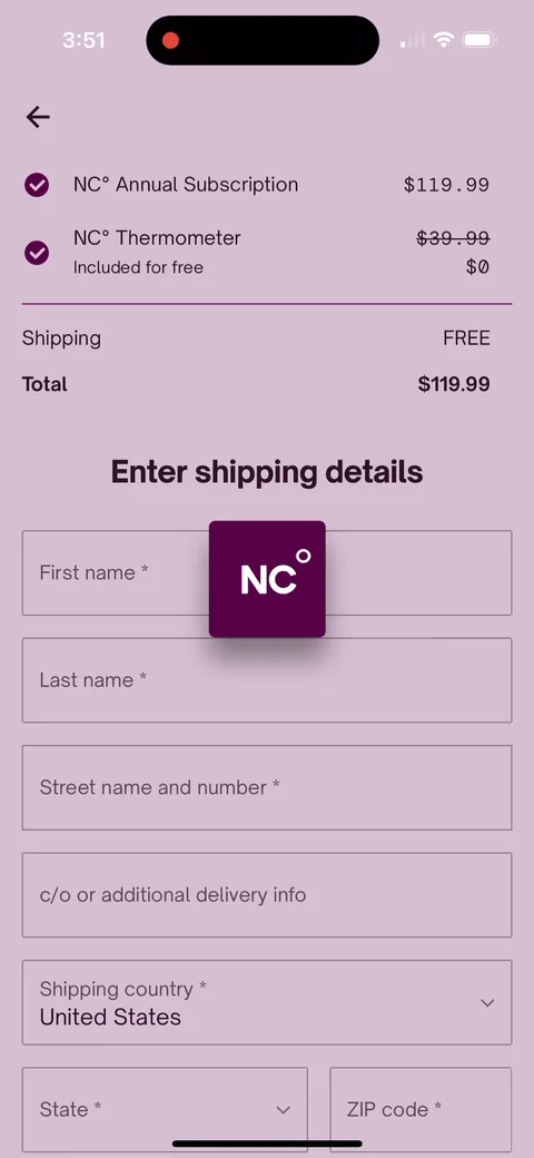 Natural Cycles onboarding screen 84: Checkout shows the thermometer at $39.99 struck through to $0 and free shipping, total $119.99