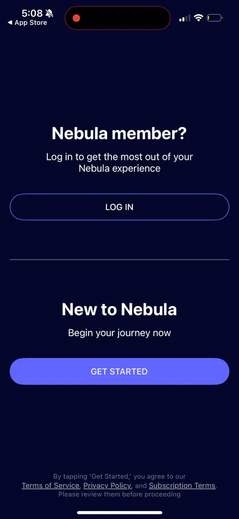 Nebula onboarding screen 10: Welcome screen leads with 'tap Get Started' instead of a login wall