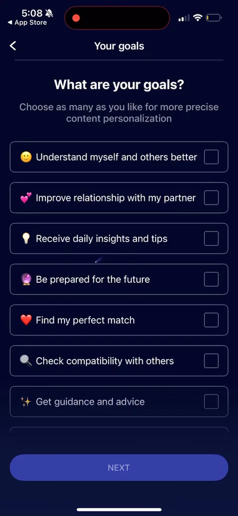 Nebula onboarding screen 11: Goals as a multi-select, 'choose as many as you like for more precise content personalization.' Good call…