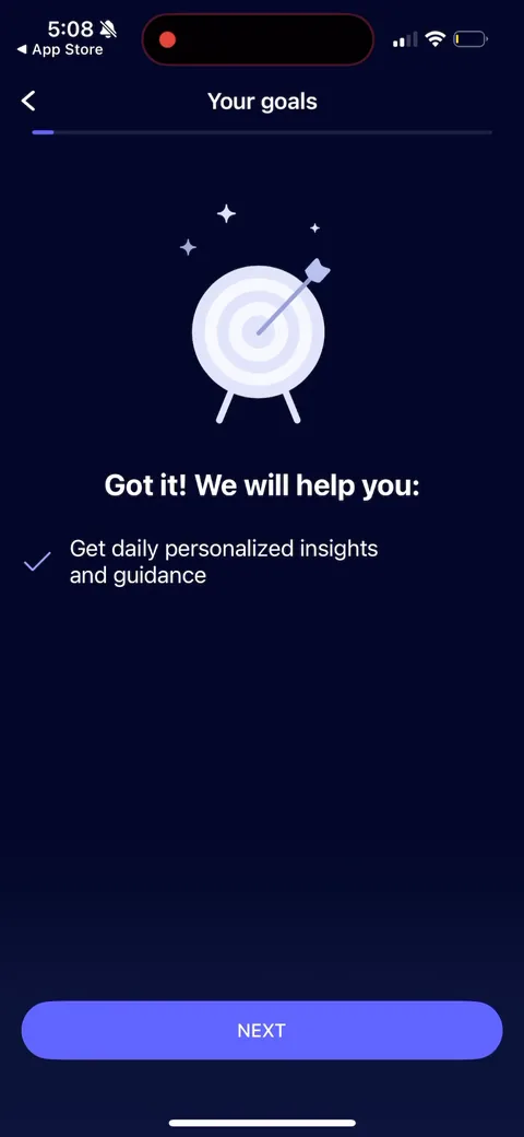 Nebula onboarding screen 13: 'Got it, we'll help you get daily personalized insights.' A quick echo screen that confirms their answer and…