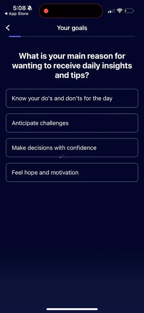 Nebula onboarding screen 14: Single-select on 'main reason for wanting daily insights.' Fine as single since you're forcing a priority…