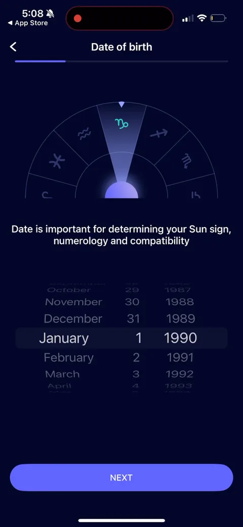 Nebula onboarding screen 18: Date of birth, framed as needed for 'sun sign, numerology and compatibility.' Core input for an astrology…